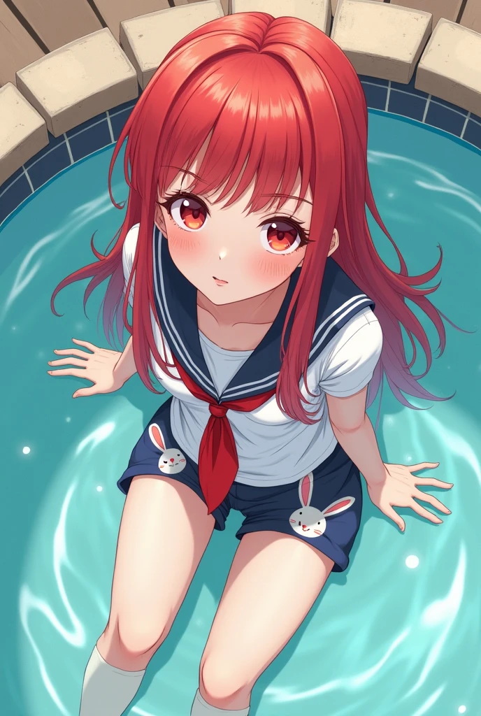 (masterpiece, Best Quality, High resolution: 1.4), detailed, intricate details, 4k, touch of color, Line art, Fibonacci. detail. adolescente slim, young girl, long red hair, Waist length hair, Red eyes, smooth skin, White skin, slim, smiling, gentle. Sailor suit with bunny print shorts. in pool
