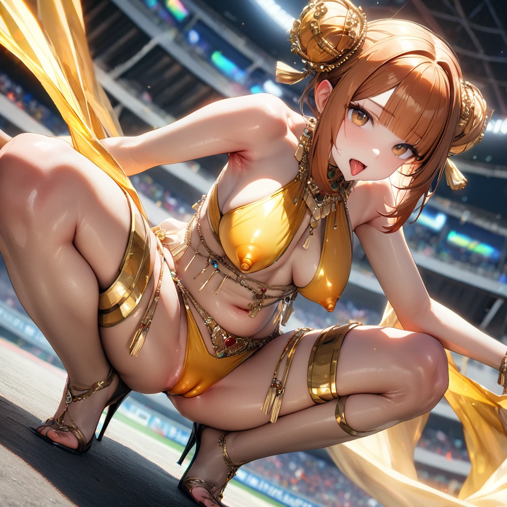 (high quality1.4), (finely detail:1.4), (nsfw), 1girl, (slender), (blunt bangs), (side-parted bangs), tongue, armpit, (medium breasts), (covered erectile nipples), brown eyes, dark orange hair, ((double bun)), (yellow tassel hair ornament:1.3), (swept bangs), ((shining gold belly dancer)), squatting, (cameltoe), solo, ((very bright stadium:1.4)), (8K, ultra high res, masterpiece, best quality:1.2),