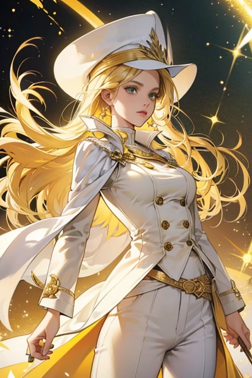 Miriam has blonde hair and green eyes.
sHe wears a white suit, yellow warlock hat, yellow cape, and long tan sand pants. SPARKLE; GLITTER