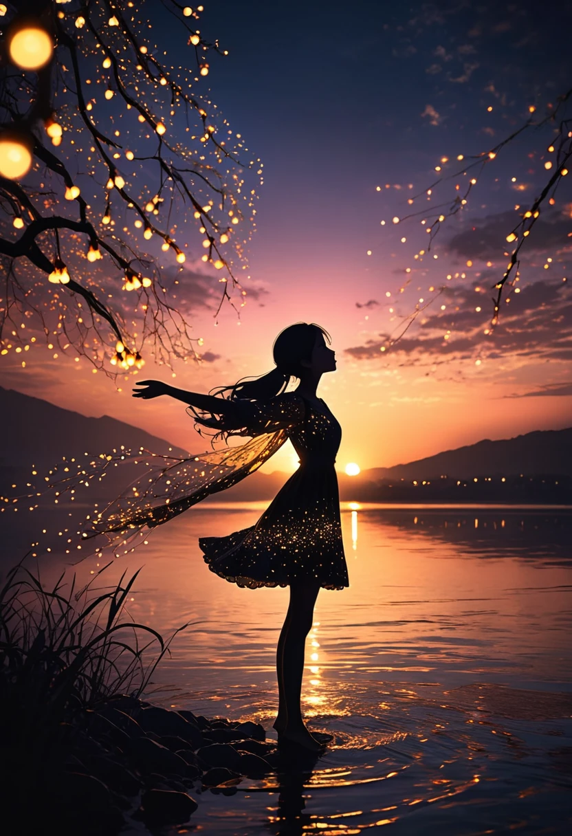 The image depicts a young silhouette standing against a stunning sunset backdrop. The sky transforms from deep black near the horizon to a deep black as it rises. The figure appears to be surrounded by a series of tiny glowing fairy lights, some of which are lit, creating a striking and captivating contrast to the dark silhouette. The figure appears to be extending one arm, perhaps adapting to or interacting with the lights. The overall mood of the image is peaceful and magical.