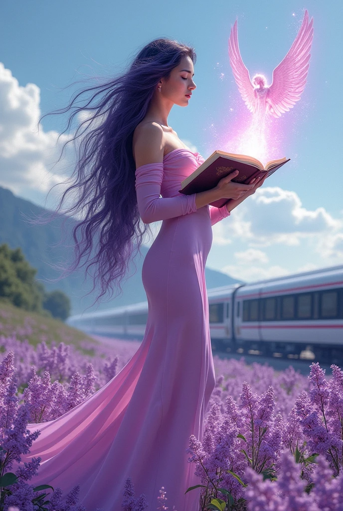 a very beautiful and attractive model with unique mixed purple and black long hair, wearing a long, tight, slim pink dress that shows off her beautiful and sexy body, she holds a magic book with a beautiful and radiant angel rising from the book. She is in a field of lilac flowers, with a modern high-speed train on the tracks in the background. The clear, cloudy sky is peaceful, and the overall mood of the image is dreamy and serene. The woman seems to be absorbed in watching the angel slowly rise from the magic book, with her eyes closed and a serene expression. mixed media and watercolor, artistic masterpiece, fantasy, super sharp overall, ultimate resolution