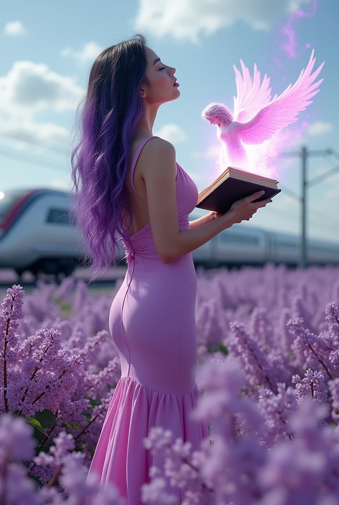 a very beautiful and attractive model with unique mixed purple and black long hair, wearing a long, tight, slim pink dress that shows off her beautiful and sexy body, she holds a magic book with a beautiful and radiant angel rising from the book. She is in a field of lilac flowers, with a modern high-speed train on the tracks in the background. The clear, cloudy sky is peaceful, and the overall mood of the image is dreamy and serene. The woman seems to be absorbed in watching the angel slowly rise from the magic book, with her eyes closed and a serene expression. mixed media and watercolor, artistic masterpiece, fantasy, super sharp overall, ultimate resolution