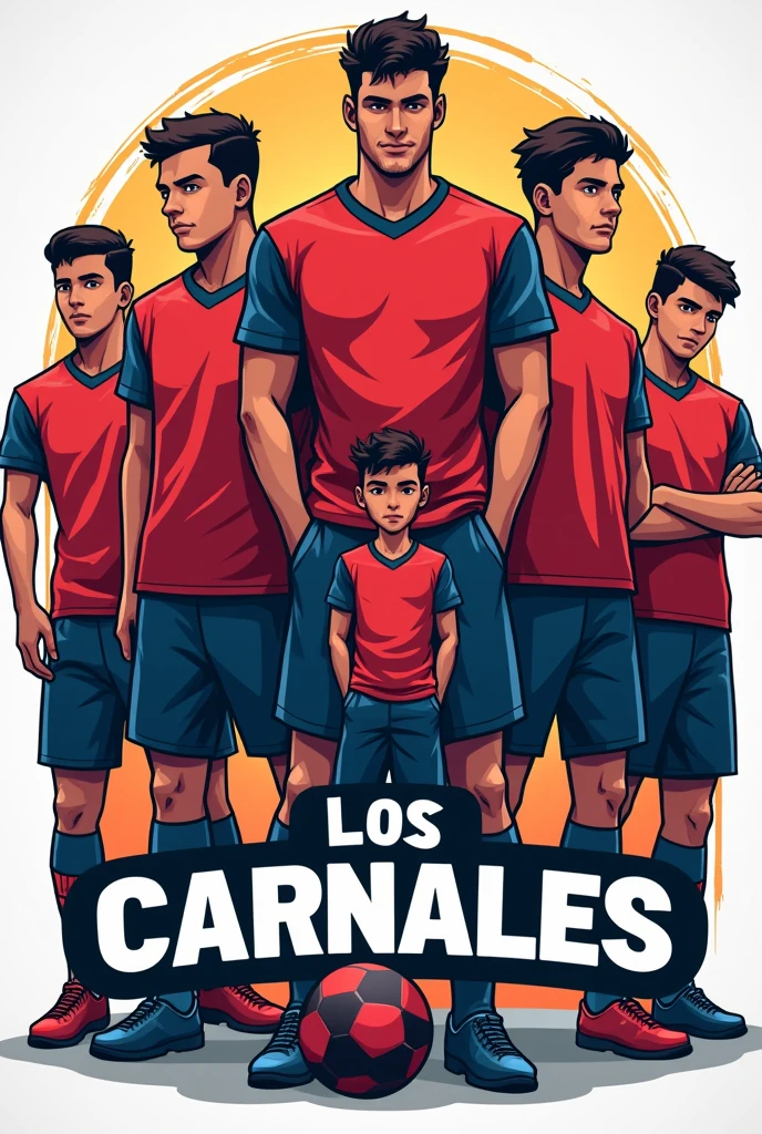 Football team logo but it says "los carnales", With 6 friends in the background it's epic, with colors that stand out and make the players look like college students, The color of the uniform is red with blue shorts and one smaller than the others stands out