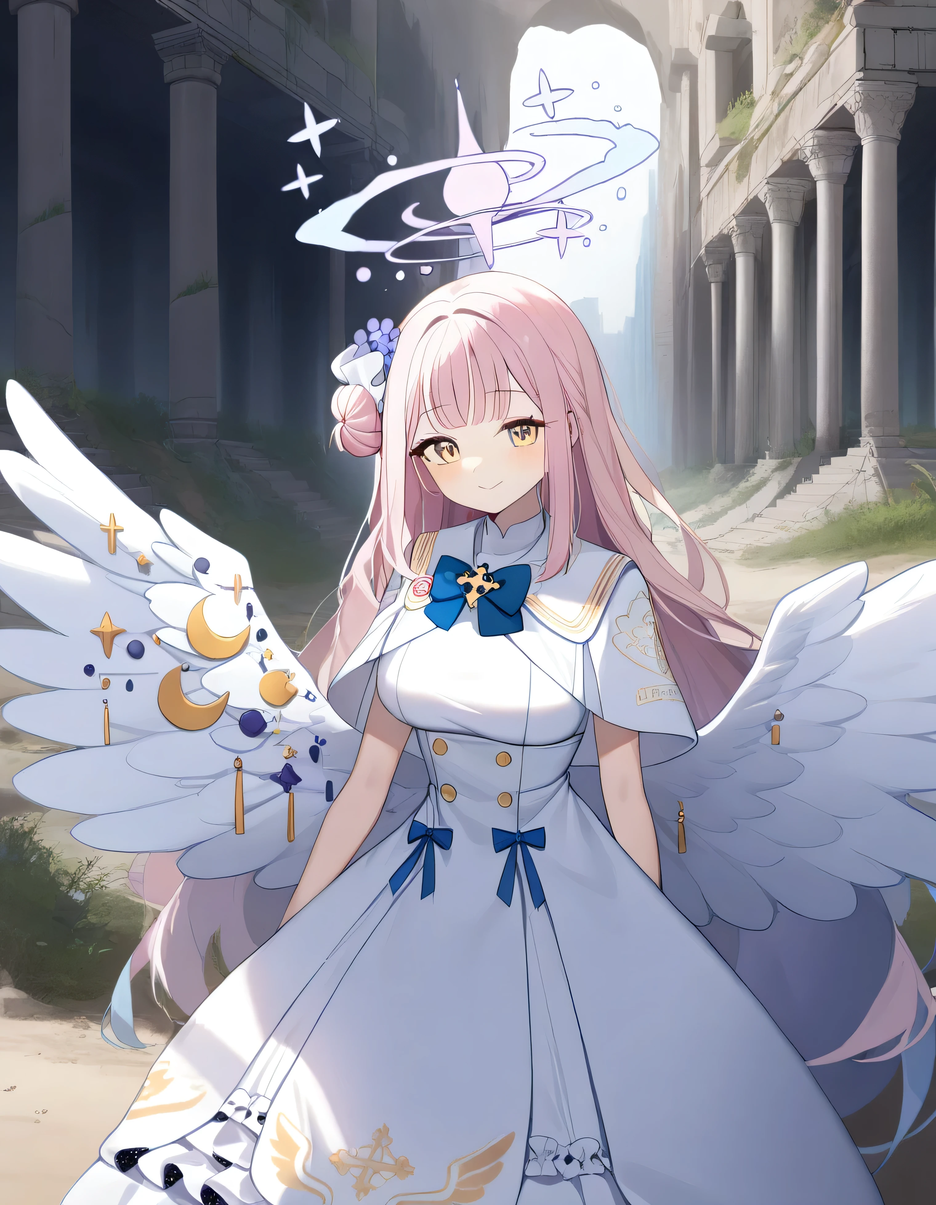 (One girl:1.8), alone, Upper Body,High resolution,Mika_\(green_archive\),white_wing,Feathered_wing,hair_flower,big_chest,Angel_wing,white_dress,low_wing, civilization, Remains, Appeared, wilderness, hidden, secret, mysterious, Abandoned, historic, archeology, Deserted, sand