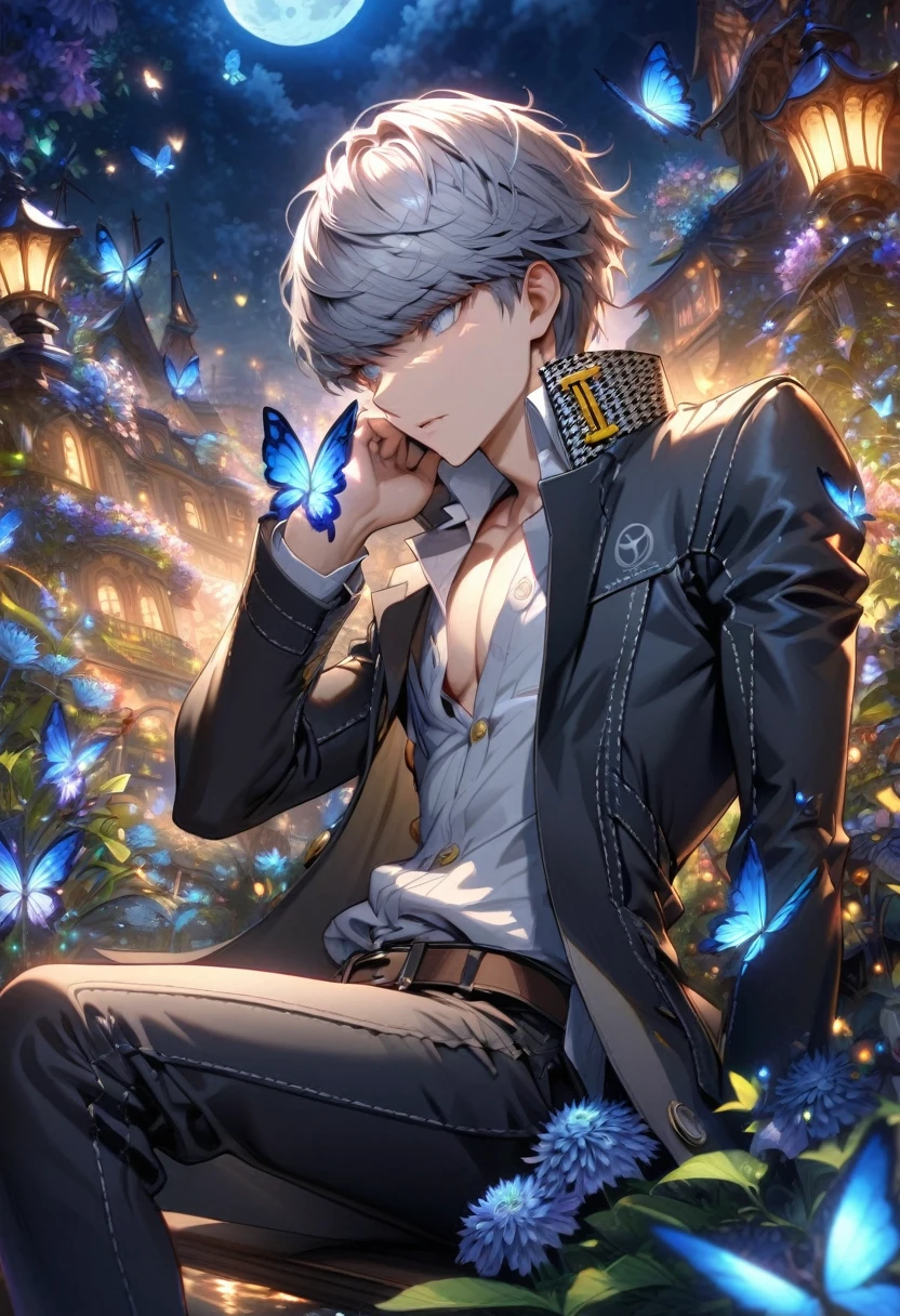 absurdres, highres, ultra detailed, HDR, masterpiece, extremely detailed, detailed eyes, Narukami Yu, gray hair, expressive gray eyes, persona 4, solo, sexy man, sitting, handsome, sensual, adult face, black coat, white shirt, black pants, fantasy, garden, blue shining moon, blue glittering butterflies, magical, fantasy, blue chrysanthemum, blue fireflies, water