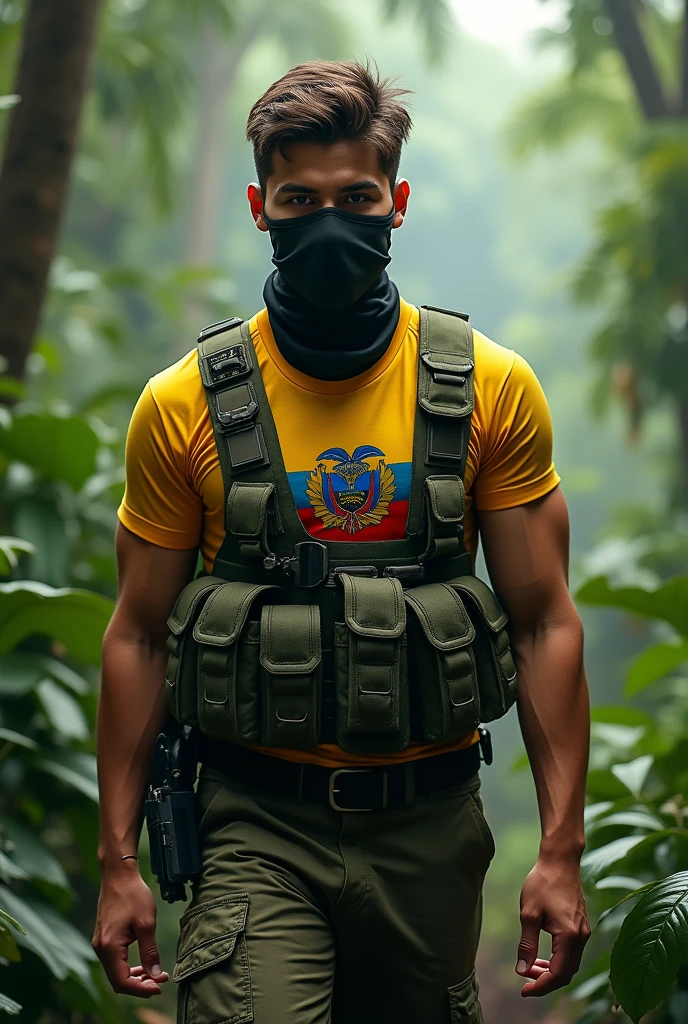 A young man from the university with a good physique and his face covered with a tactical military collar and also with military knowledge walking and the flag of Ecuador in the middle of his shirt and an Amazon jungle in the background