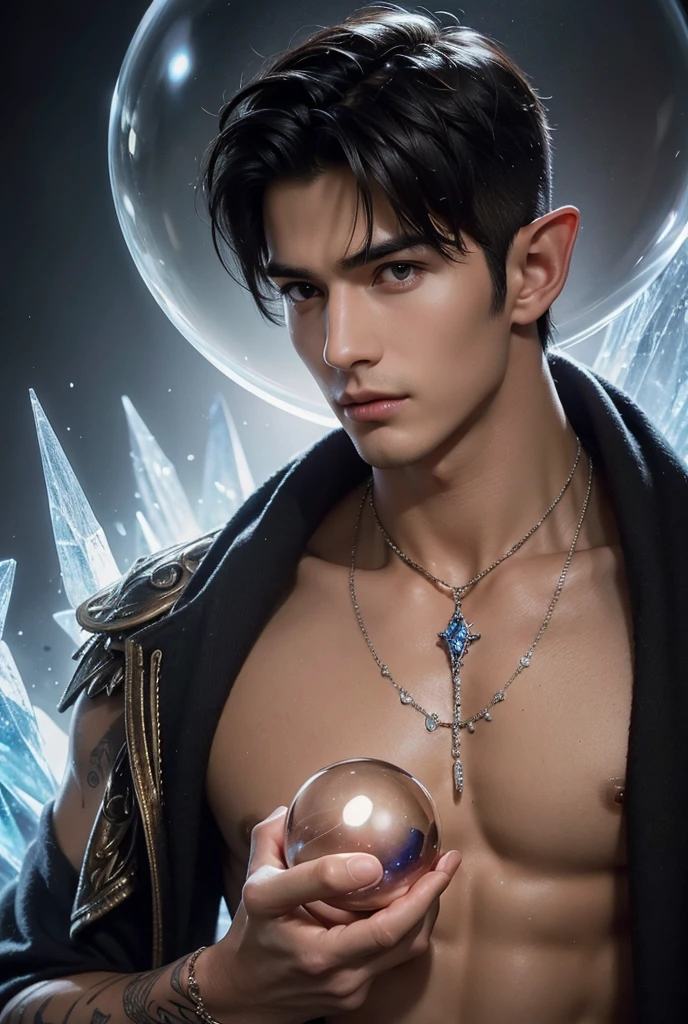 Absurdres, Masterpiece, Excellent, a tall handsome muscular young man, solo, perfect facial features, (short hairstyle:1.5), sexy gaze, beautiful, gorgeous, wet, digital painting, (wizard), slimming, elf, gray pupils, (floating crystal ball), wizard outfit, relax, detailed background, Fantasy, Magical, Mystical, Ethereal, Unique Style, Surreal, Symbolic, magical tattoos, looking at the viewers romantically,