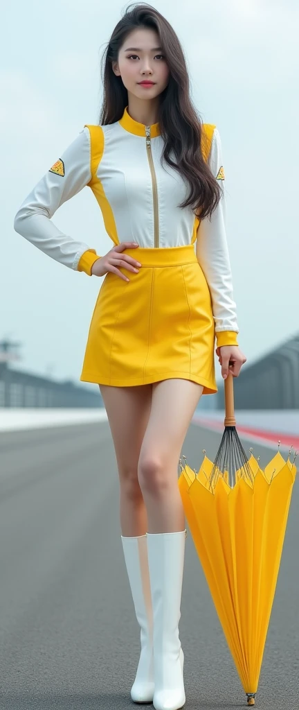 ((masterpiece, best quality)), high resolution, detailed skin, white skin, young beautiful korean racing queen in white and yellow racing model enamel uniform, white thigh high boots with 9 inch heels, full body female, slim and long beautiful legs, super skinny long legs, beige pantyhose, perfect legs, A skirt that almost shows your butt, skinny, tall, Tempting with captivating eyes, full body in frame, Showing off her exceptionally slender legs, The chest is almost visible and the shoulders are exposed., Posing as a model on the racing track, Holding an umbrella like a cane