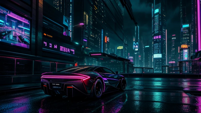 a futuristic cyberpunk cityscape, skyscrapers, neon lights, floating cars, holographic displays, android figures, rainy atmosphere, dramatic lighting, cinematic composition, intricate details, vibrant colors, moody tones, photorealistic, 8k, masterpiece