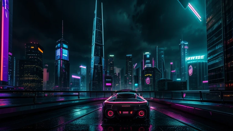a futuristic cyberpunk cityscape, skyscrapers, neon lights, floating cars, holographic displays, android figures, rainy atmosphere, dramatic lighting, cinematic composition, intricate details, vibrant colors, moody tones, photorealistic, 8k, masterpiece