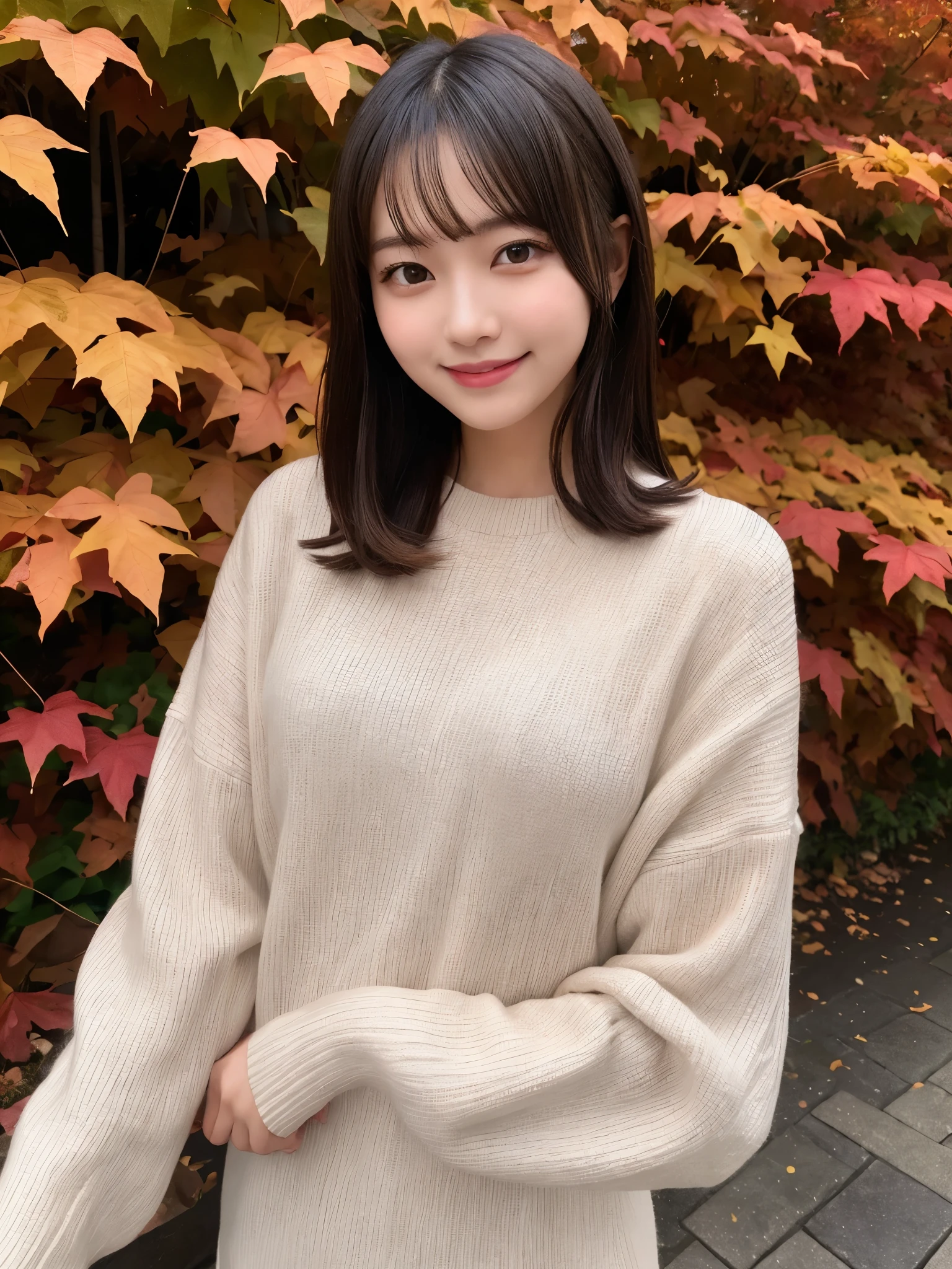 1girl, solo, highres, best_quality, masterpiece, detailed_background, intricate_details, beautiful, sendai, rinno_ji, autumn_leaves, autumn_clothes, casual_clothes, , serene, smile, looking_at_viewer, dynamic_pose, natural_pose, candid, happy