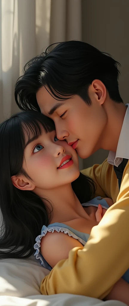 (32K:1.9, Realistic:1.9, Highest quality, masterpiece, Ultra-high resolution), Perfect dynamic composition:1.3, Highly detailed skin and facial textures:1.3, (Cute sexy slim Japanese schoolgirl, height: 155cm), (Slimman, Length 180cm), ((both are lying on the bed。, A man gives a pillow to a woman。:1.3, to kiss:1.4)), Fair skin, ((Clarity:1.1)), (The men's uniform is smart, Bright yellow hair, beautiful目:1.3), (The woman is in a uniform with a light blue tie., Straight black hair:1.3, smile:0.9, A man completely charms a woman:0.9, beautiful Blue Eyes, beautiful, Clear Eyes:0.8), Sexy Face:0.4, blush:1.1, ((beautifulエロティシズムを醸し出す雰囲気:1.0, Professional random camera work:1.0, Cinematic Lighting Effects:1.0, romantic:1.0, artistic:1.0, mysterious:1.0)), Too erotic, Object of admiration, original, dramatic, Innovative, charm, Heartful, Fancy, Tilt, sense of loss, special, exciting, Extreme, sense of openness, joy, joyの表現, ((若さのcharm, 女性的なcharm))