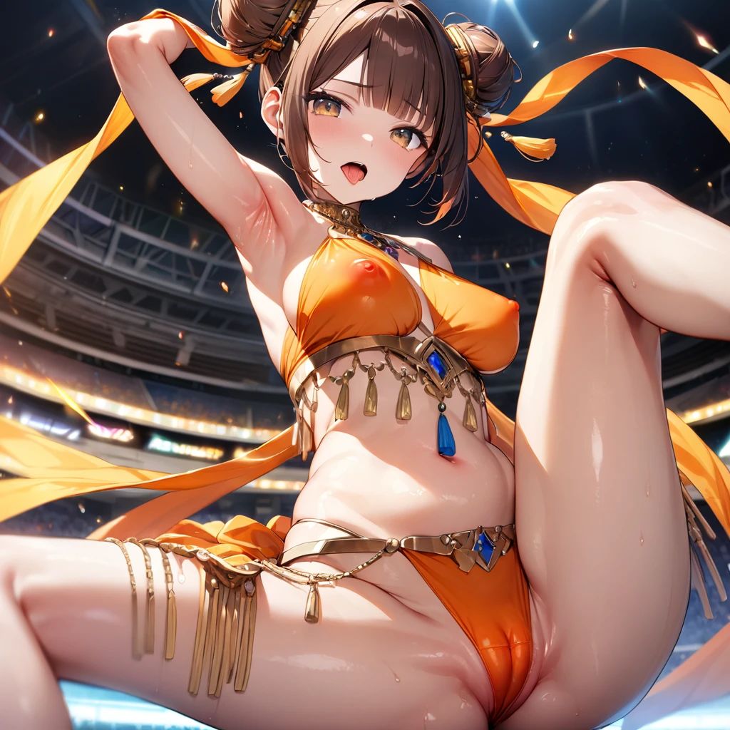 (high quality1.4), (finely detail:1.4), (nsfw), 1girl, (slender), (blunt bangs), (side-parted bangs), tongue, armpit, (medium breasts), (covered erectile nipples), brown eyes, dark orange hair, ((double bun)), (yellow tassel hair ornament:1.3), (swept bangs), ((shining orange belly dancer)), (cameltoe), solo, ((very bright stadium:1.4)), (8K, ultra high res, masterpiece, best quality:1.2),