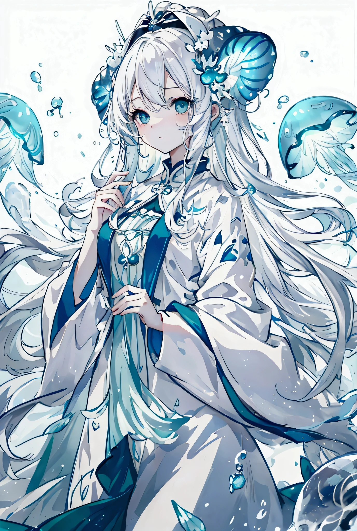 White Hair、Wavy Hair、Long Hair、Blue-green eyes、Cute clothes、Water Drop、In the water、jellyfish、White background