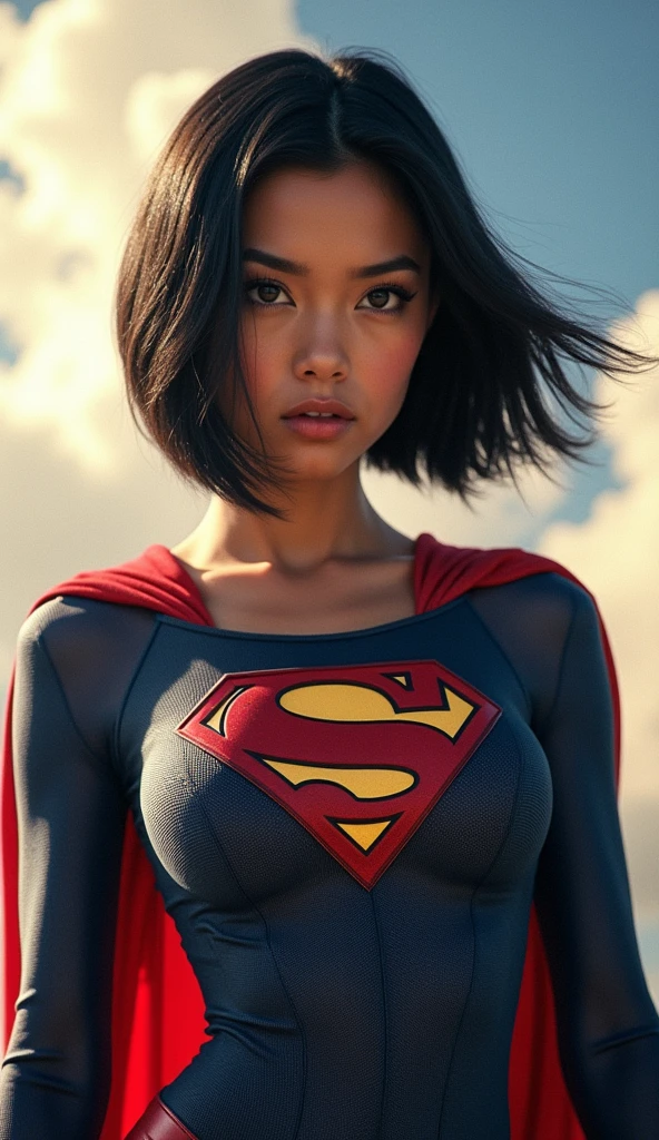 colombian girl, black hair, bob haircut, black eyes, supergirl in transparent tight bodysuit, supergirl costume, sky background, upper body, ultra realistic professional photo, look at viewer