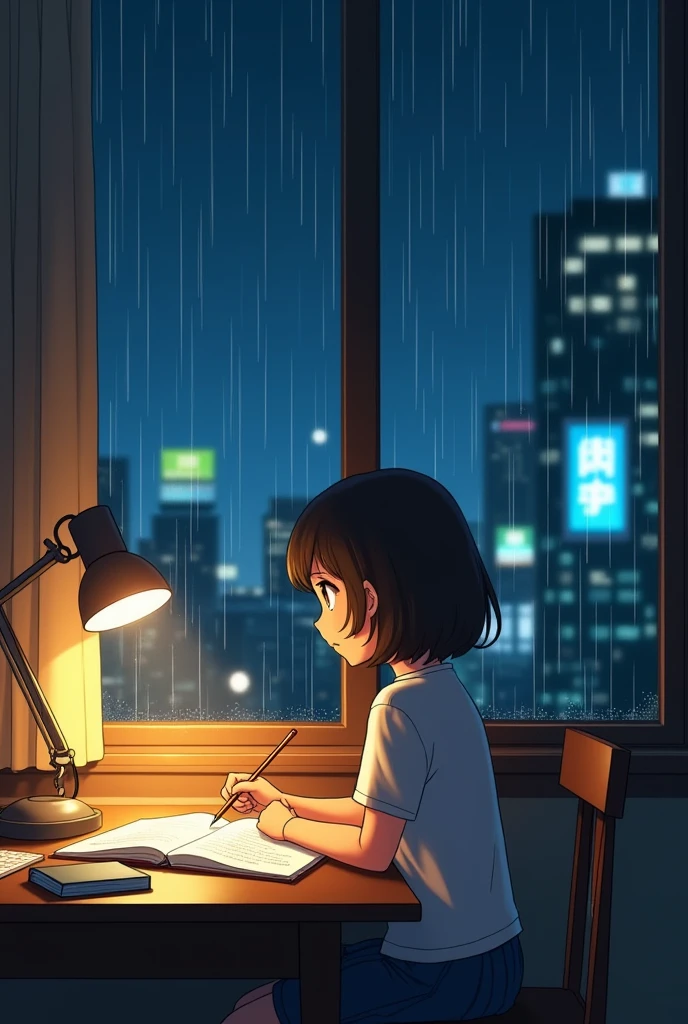 A Ghibli-style scene of a young girl studying at her desk on a summer night. The room is softly lit by a desk lamp, casting a warm glow on her notebook and study materials. She wears a short-sleeved shirt, and outside the window, it’s raining, with the neon lights of the city reflecting in the raindrops on the glass. The girl is focused on her work, writing with a pencil while glancing at her reference book. The overall mood is calm and serene, capturing the essence of a quiet, rainy evening.
Size: 1792x1024 (16:9)
Style: Ghibli-inspired, lofi aesthetic, warm and cozy atmosphere