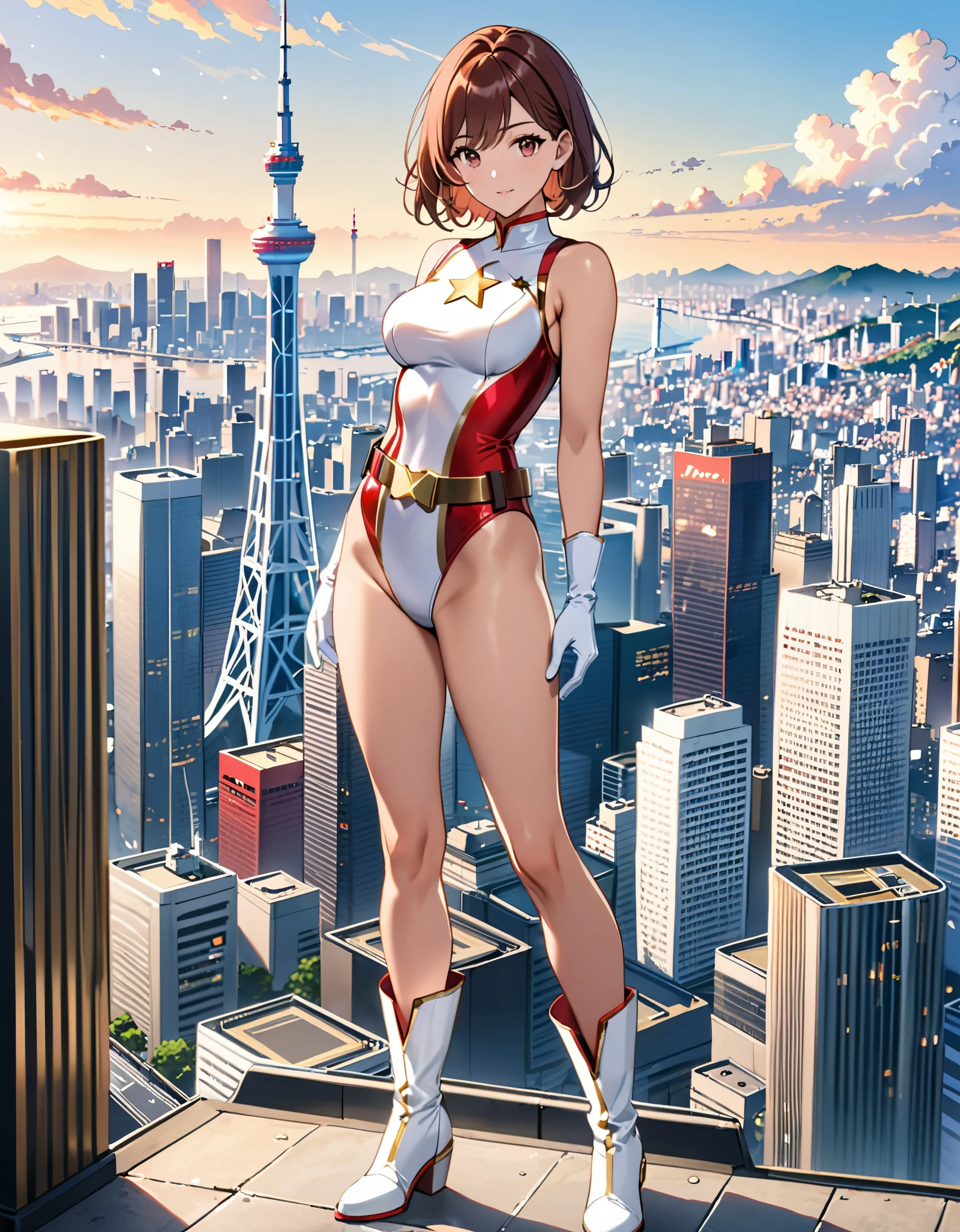 (masterpiece), (best quality), (high res), medium breasts, ((leotard, white and red leotard, matching leotard, sleeveless, bare legs)), ((tight belt, gold belt)), ((boots, matching boots, ankle-high boots, white boots)), ((gloves, white gloves)), city backdrop, tokyo city backdrop, solo, solo focus, standing, (full body), cowboy shot, superhero, ((beautiful detailed eyes)), ((gold star symbol on chest)), (brown hair, medium hair, bob hair, purple eyes), (perfect hands, perfect anatomy), cowboy shot, superhero, ((beautiful detailed eyes)), full body costume design.