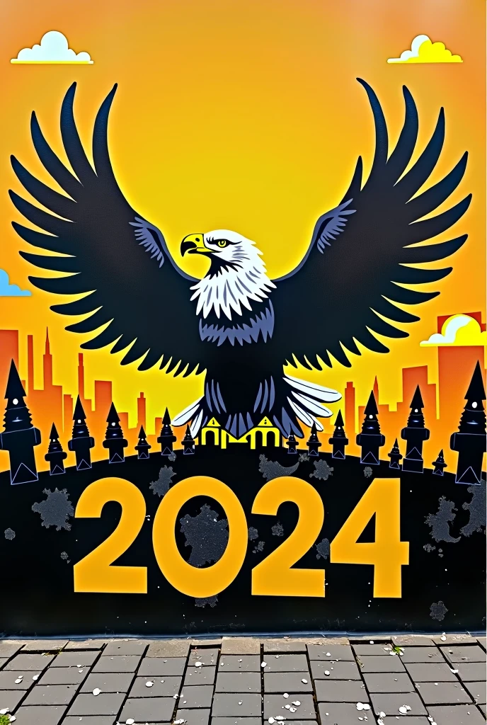An image for mural painting, The image must contain an eagle on one side showing its chest and it must also contain the letters PROMO 2024, The image should be mostly yellow and black and add other details such as colors or figures that contrast with the image 