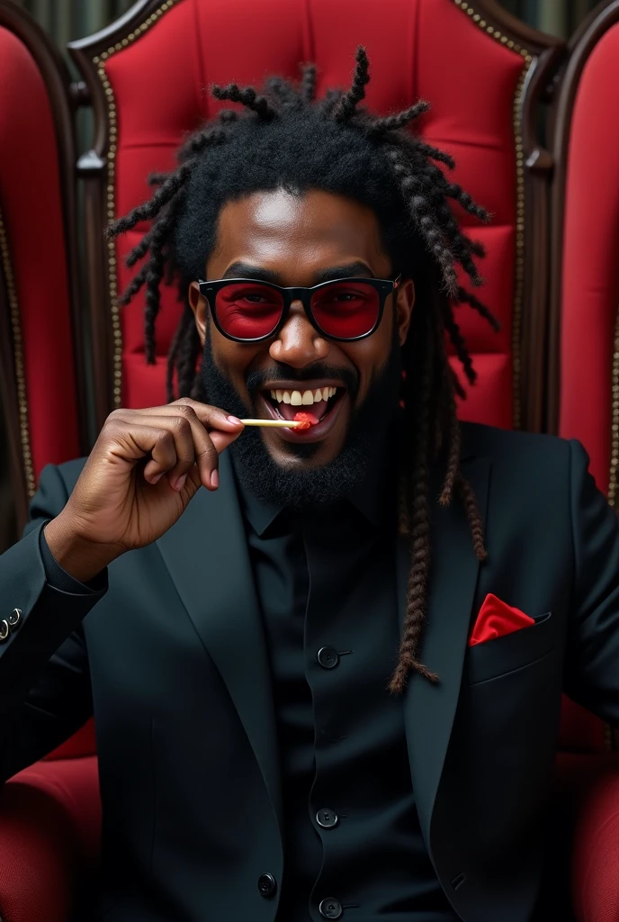 tall black man. 1 meter and 90 with curly hair with braids with ponytail and with a black suit with red details on the suit, smiling with the vampire fangs showing and large appearing, he is wearing black glasses with red lenses, he will be on a throne with his leg crossed with one hand stretching his mouth and showing the fangs. Fangs of the larger teeth much larger and he will be with a toothpick.