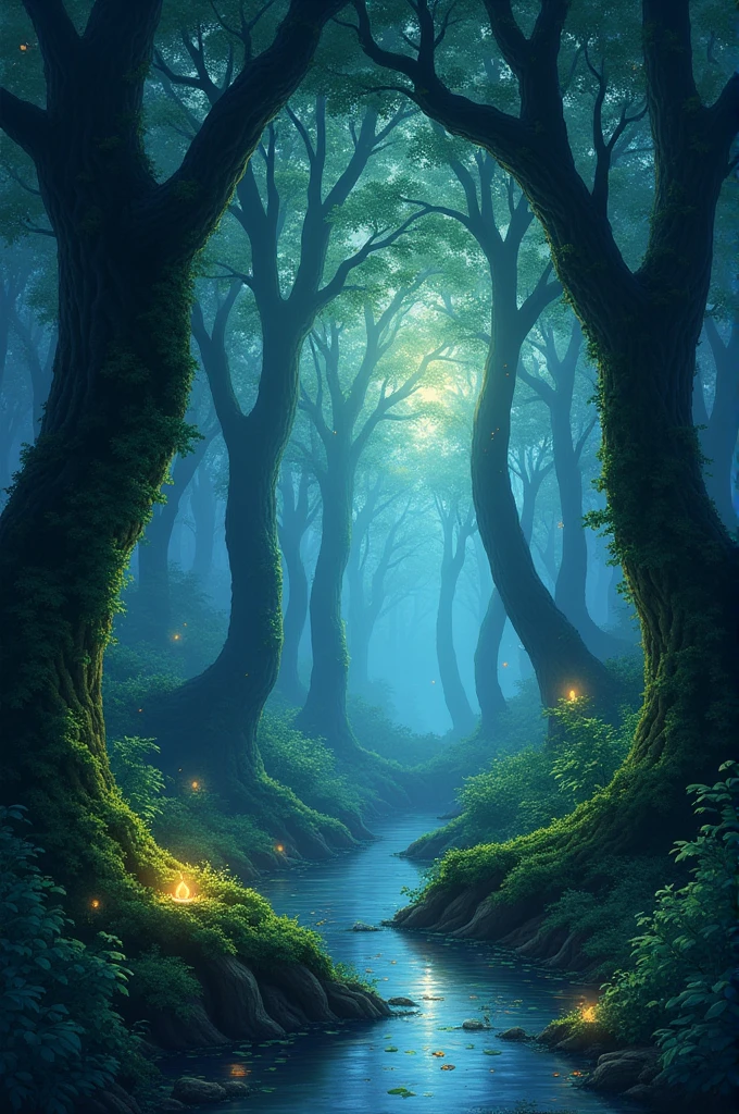 A dense forest with towering, ancient trees covered in moss, bathed in soft twilight. Fireflies hover around, creating a magical glow. The scene captures a mystical atmosphere with a gentle stream reflecting the twilight sky, evoking the tranquil charm of Hayao Miyazaki’s digital illustrations.