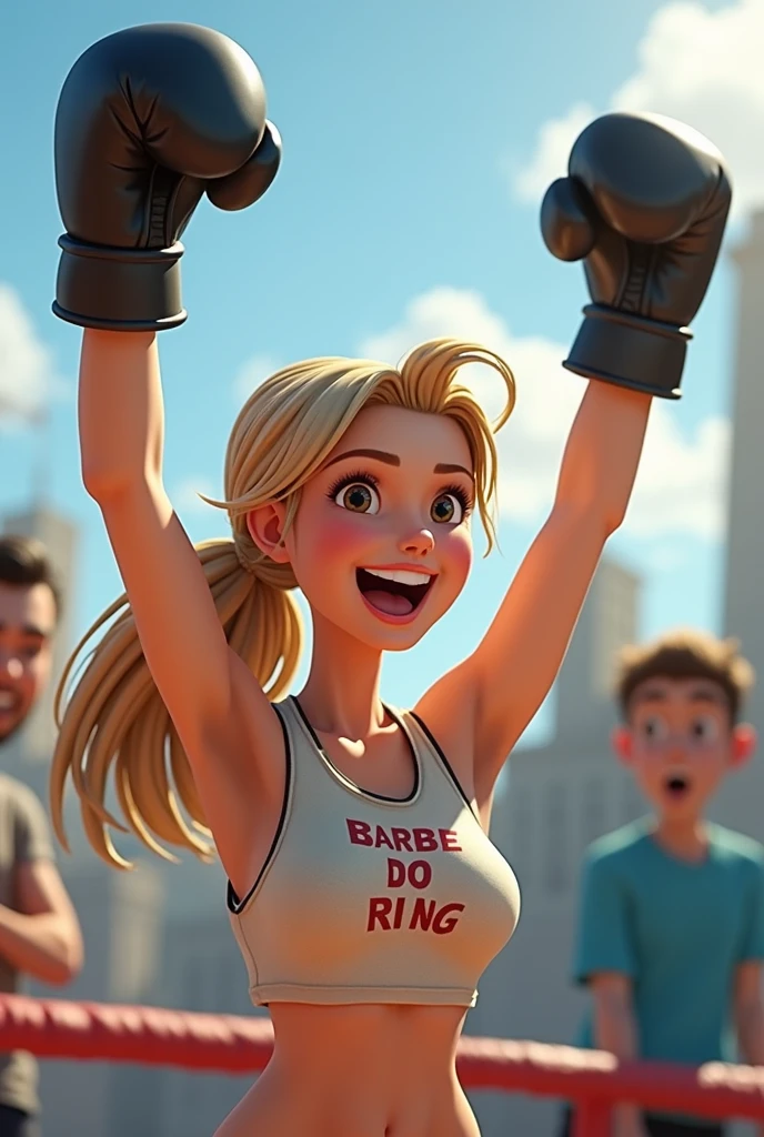 Creates a beautiful woman, long light brown hair with some blonde highlights, slightly wavy tied with a high ponytail, small almond-shaped brown eyes, thin and elongated face, pointed chin, slightly plump and pink lips, wears black boxing gloves, is wearing a t-shirt saying "BARBIE DO RING", he is also wearing gym pants, his arms and hands are raised because he won the fight, his face is excited and happy, animation character, 2d