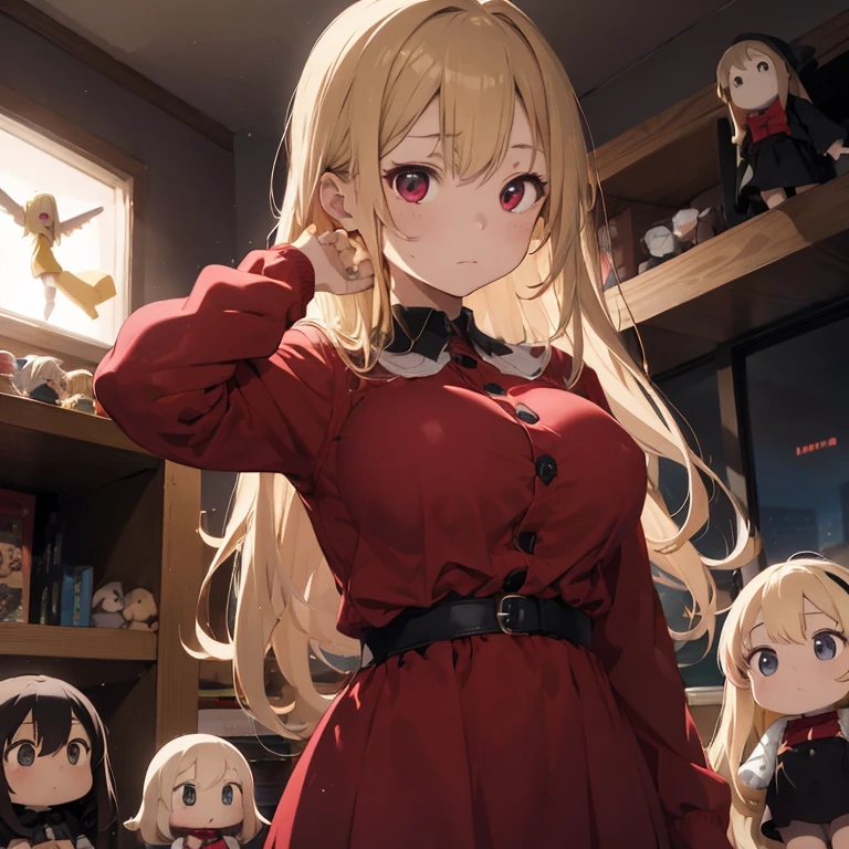 1 female, teenage girl, red long sleeve dress, blonde long hair, rosa cheeks, doll store, playing a dolls, sad face, huge breast, lonely, in darkest sky, black, tear in her face, fear