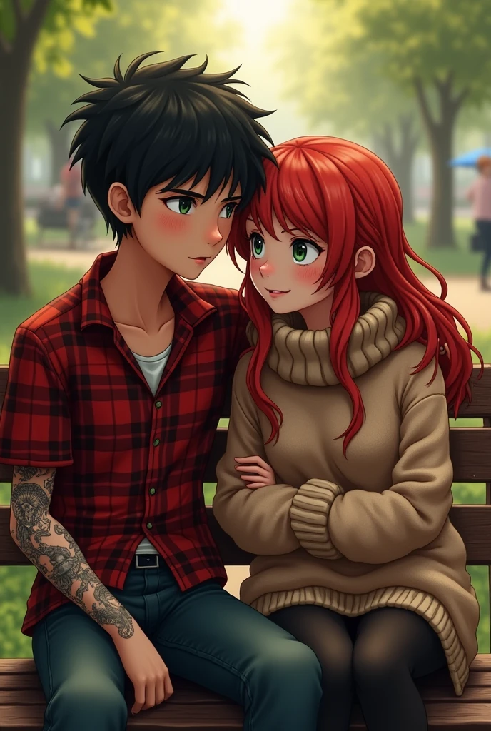 Two boys sitting on a park bench, Black haired boy with his arms full of tattoos, a red plaid button-down shirt,grey eyes.sitting next to a red-haired girl with green eyes and freckles, She is dressed in a thick sweater, He is glaring at the boy, blushing. and the boy is smiling and has a dimple.