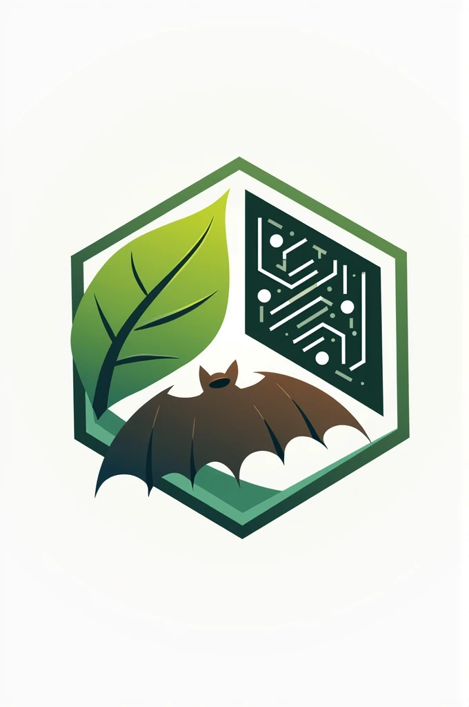 Simple Hexagon Logo with three sections: first green section with leaf, second brown section with bat and third section with technological lines