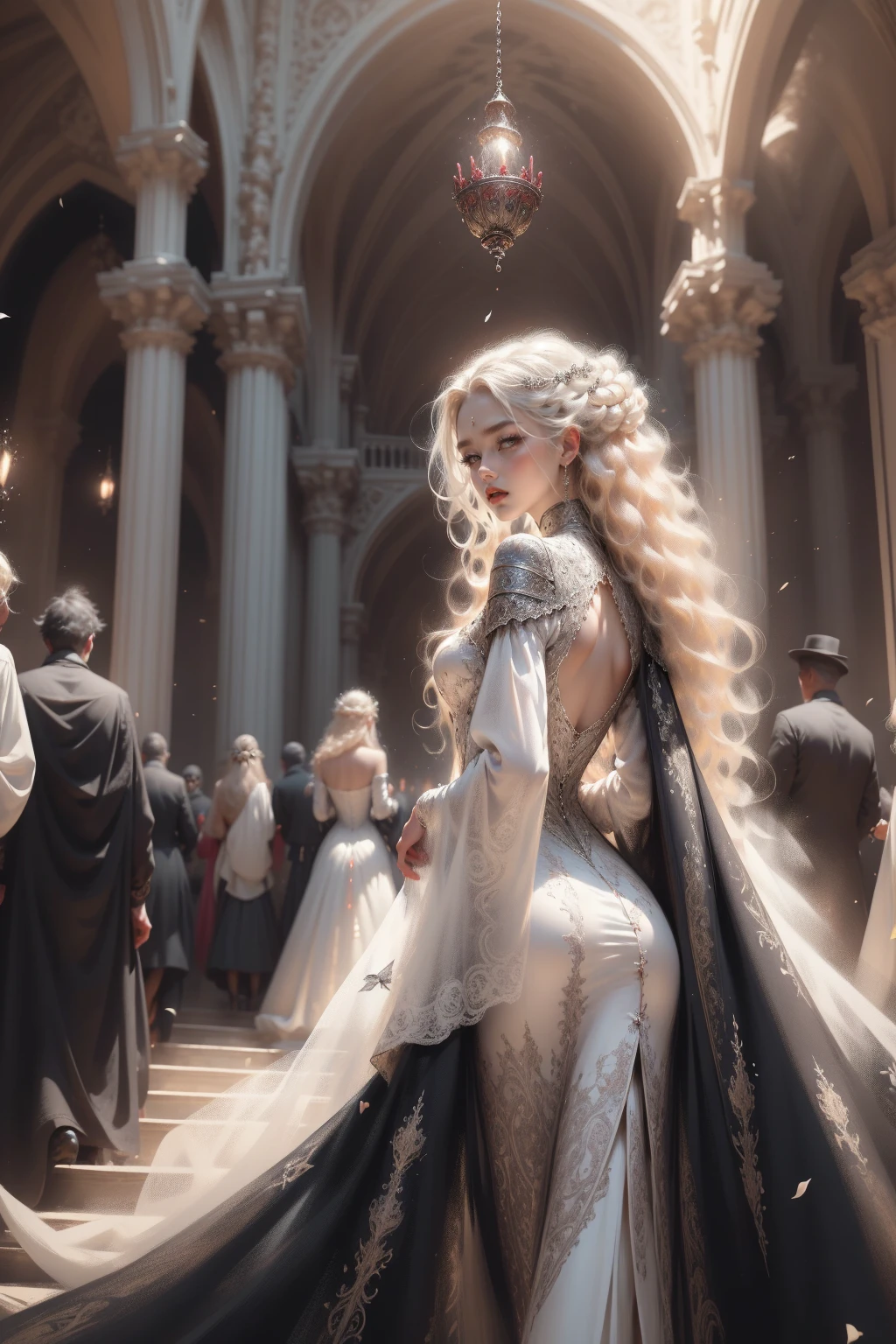 (Masterpiece - Ultra-detailed, very high resolution) Prepare to be enchanted by a true masterpiece that combines ultra-detailed art with high-resolution rendering. This work depicts a mesmerizing woman with very long blond hair (1.3) and captivating light blue eyes (1.2), emanating an aura of elegance and mystery in Victorian settings. The intricate details and realistic textures invite you to explore every aspect of this enchanting composition. Woman wearing beautiful classic Victorian costume from the year 1878. Red lips. Happy face. Smiling. (white dress:1.2). Walking,backwards, looking back, upper body, dynamic poses. Get ready to dive into a world where beauty and craftsmanship merge perfectly.