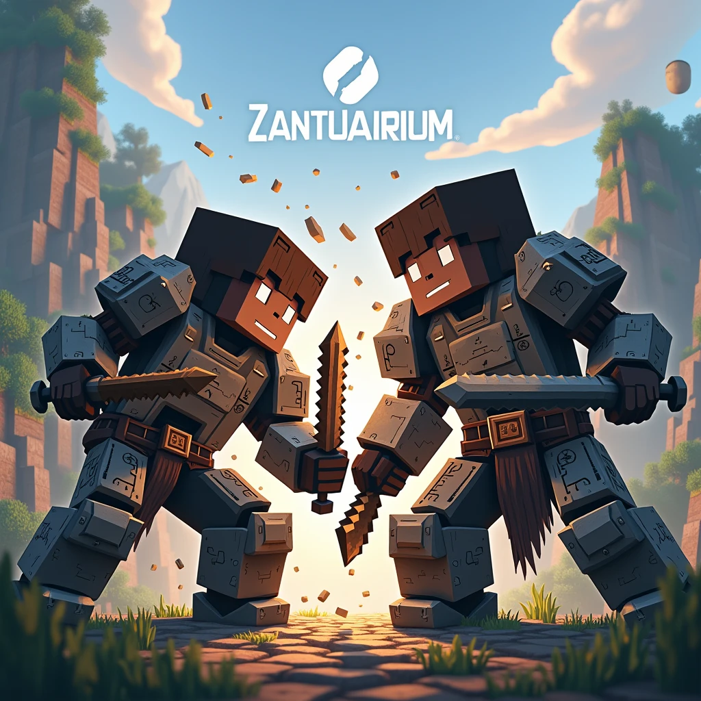 minecraft with several subjects equipped with armor fighting each other with a logo that says "ZANTUARIUM
"