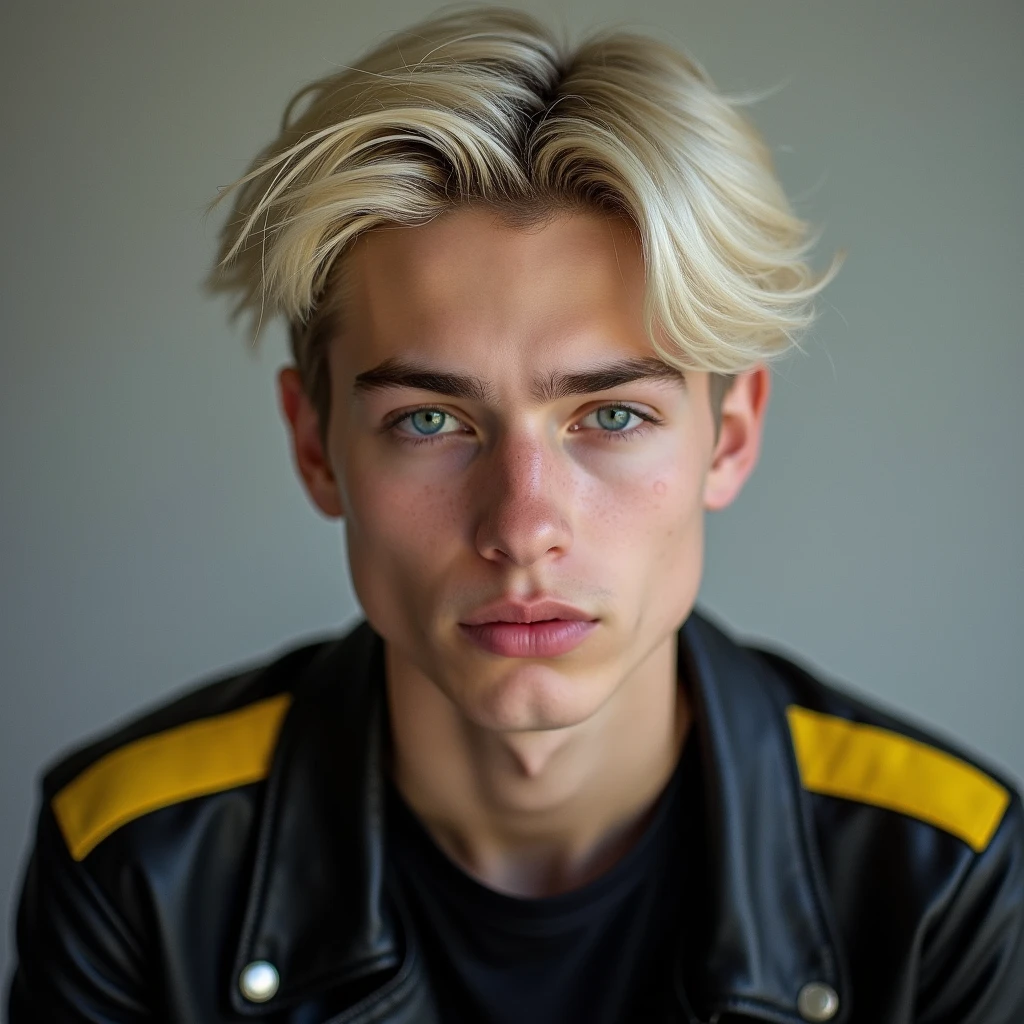 photograph head shot of an attractive teenager 22 year-old male model, very short layered platinum blond hair with side swept bangs, skinny svelte physique, inquisitive smirk expression, almond shaped eyes, extremely pale skin tone, 16k, extremely detailed skin, black leather jacket with yellow accents on shoulders 