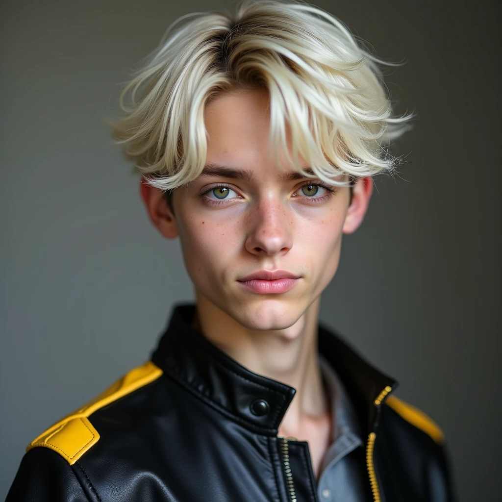 photograph head shot of an attractive teenager 22 year-old male model, very short layered platinum blond hair with side swept bangs, skinny svelte physique, inquisitive smirk expression, almond shaped eyes, extremely pale skin tone, 16k, extremely detailed skin, black leather jacket with yellow accents on shoulders