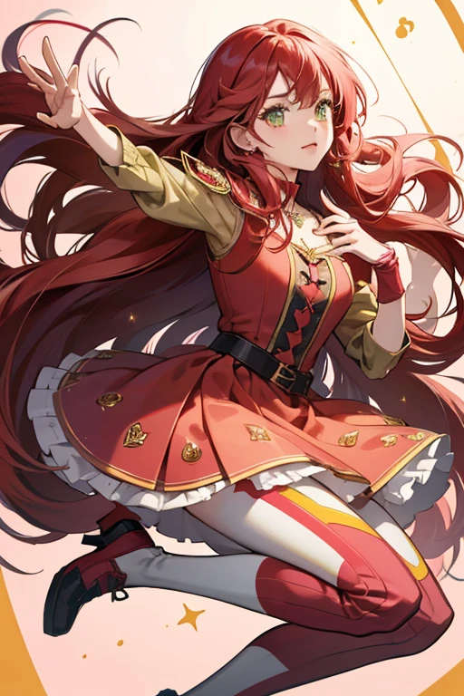 She has red long hair in coming out in two wisps on both sides, olive green eyes with a red dress with pink and yellow layers. Her shoes and leggings as well as her wrist guards are red. Her dress also has a heart pendant. SPARKLE; GLITTER