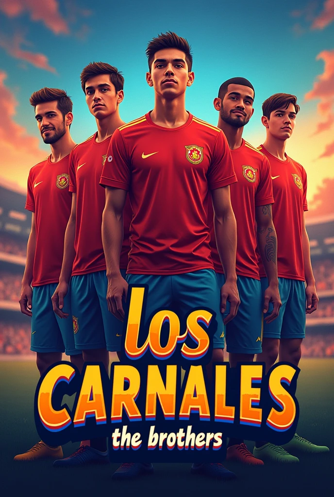 Football team logo but it says "los carnales", With 6 friends in the background it's epic, with colors that stand out and make the players look like college students, The color of the uniform is red with blue shorts and one stands out, smaller than the others but does not look so childish.