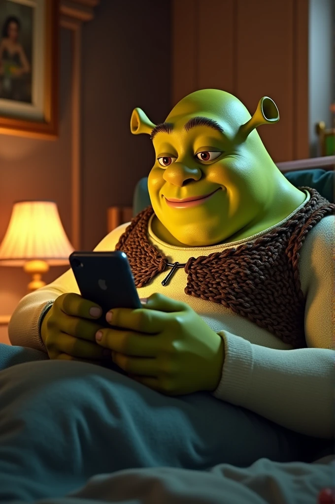Shrek in bed using cellphone