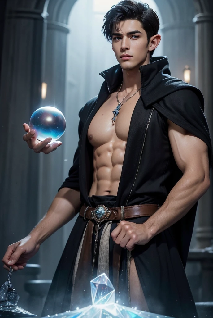Absurdres, Masterpiece, Excellent, a tall handsome muscular young man, solo, perfect facial features, (short hairstyle:1.5), sexy gaze, beautiful, gorgeous, wet, digital painting, (wizard), slimming, elf, gray pupils, (floating crystal ball), wizard outfit, relax, detailed background, Fantasy, Magical, Mystical, Ethereal, Unique Style, Surreal, Symbolic, magical tattoos, looking at the viewers romantically,