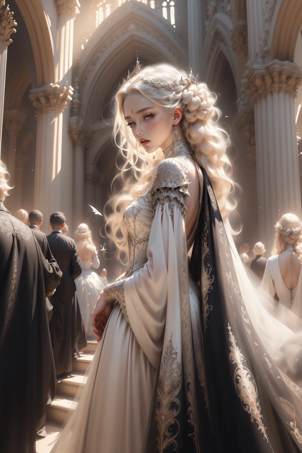 (Masterpiece - Ultra-detailed, very high resolution) Prepare to be enchanted by a true masterpiece that combines ultra-detailed art with high-resolution rendering. This work depicts a mesmerizing woman with very long blond hair (1.3) and captivating light blue eyes (1.2), emanating an aura of elegance and mystery in Victorian settings. The intricate details and realistic textures invite you to explore every aspect of this enchanting composition. Woman wearing beautiful classic Victorian costume from the year 1878. Red lips. Happy face. Smiling. (white dress:1.2). Walking,backwards, looking back, upper body, dynamic poses. Get ready to dive into a world where beauty and craftsmanship merge perfectly.