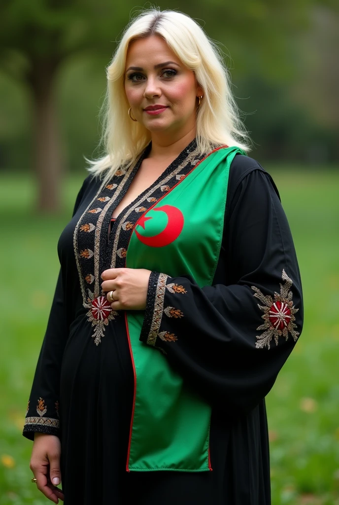 Close up, woman, blonde, plump, wearing a black caftan with a modern embroidered pattern, holding the Algerian flag around her neck, the color of the flag is white and green, looking directly at the camera, she is standing on the green nature