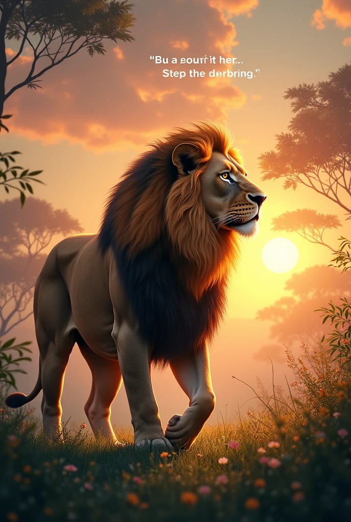 A morning pic with Lion with a motivation quotes writing there