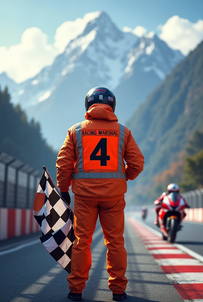 Create a dynamic and eye-catching poster showcasing a racing marshal in Nepal. The marshal is standing on a racetrack, wearing an orange bib with visible 'Racing Marshal' text. The marshal is holding a checkered flag, ready to signal the end of the race. The background includes a glimpse of the majestic Himalayas, with the track curving around the landscape. The atmosphere is intense, with a few racing bikes blurred in motion behind the marshal, capturing the speed and excitement of the event. The lighting is natural, with a soft sunlight glow reflecting off the marshal's bib and the checkered flag. The poster should highlight the marshal’s authority and the thrilling energy of the race, with bold, crisp colors and sharp details.