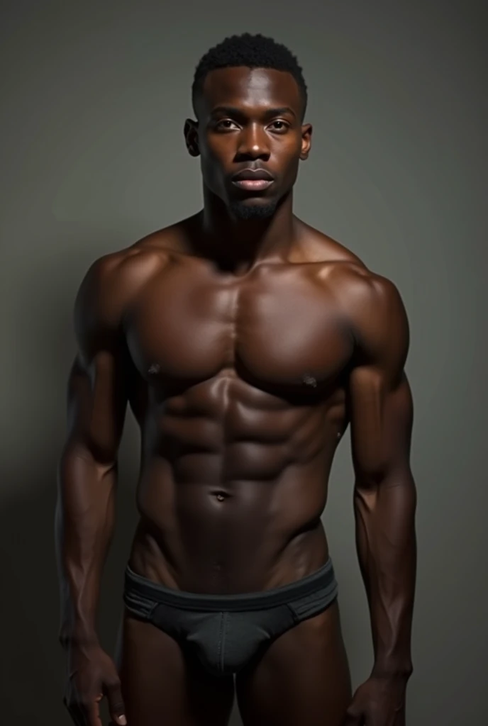 dark-skinned young man, eyes browns, in underwear showing pubic hair.