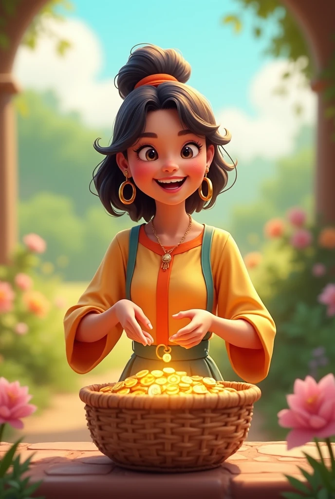 An animated image of a happy woman giving coins into an offering basket