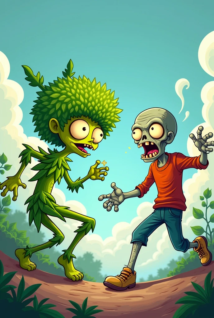 A cartoon-style living plant fighting a cartoon-style zombie 