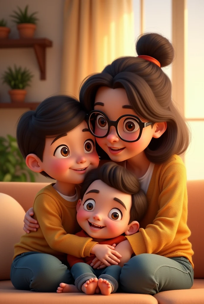 Create a 6 woman and mother with dark short hair over her shoulders, a small nose, tender brown eyes, and fatty body.
Create a male, 2, short brown hair, athletic, sporty, with a small beard, beautiful smile and tender brown eyes.
Create a 3 woman, brown hair tied up in a bun and parted in the middle, tender eyes with large glasses, a small nose and a cute smile, curvie fat body.
Cartoon Pixar