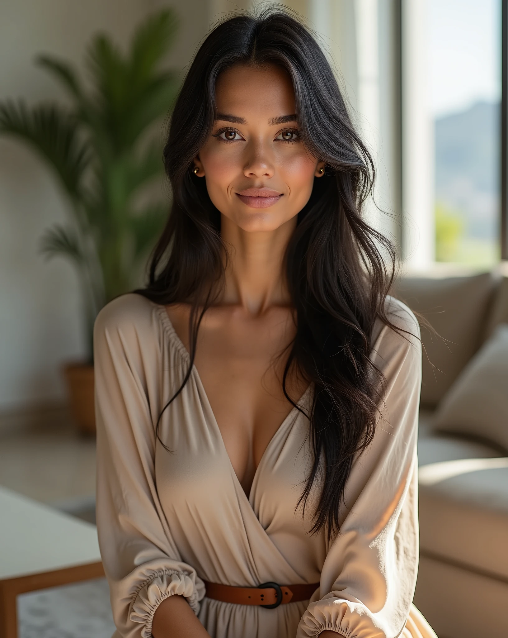 a woman that has a Sarah Bennet, a 3 Brazilian influencer from Florianópolis, is known for her radiant oval face and captivating appearance. Her long, black, straight hair flows gracefully over her shoulders, framing her mesmerizing light brown honey-colored eyes that shine with intelligence and warmth. Sarah's facial features are delicately feminine and perfectly balanced, with an elegant nose and softly defined cheekbones. Her full, naturally pink lips often curve into a warm, friendly smile that reaches her eyes, adding to her charm and sophistication. Meticulously caring for her appearance, Sarah maintains clear, smooth, and golden-toned skin that radiates a healthy glow. Her timeless beauty and confident demeanor make her a respected figure, combining her passion for teddy bears with a deep commitment to self-knowledge and spirituality. She is wearing a modern, elegant outfit consisting of a midi silk dress in a neutral color like beige or light gray, featuring a fluid drape and a minimalist design with subtle detailing. The dress has a fitted waist accentuated by a thin leather belt. She accessorizes with small gold earrings and a delicate bracelet. Her makeup is natural and flawless, with a light foundation, a hint of blush, and nude lipstick. Her hair is loose and softly wavy, reflecting natural light. The background shows a contemporary, stylish home interior with minimalistic furniture, elegant plants, and ample natural light from a large window. Infinity"