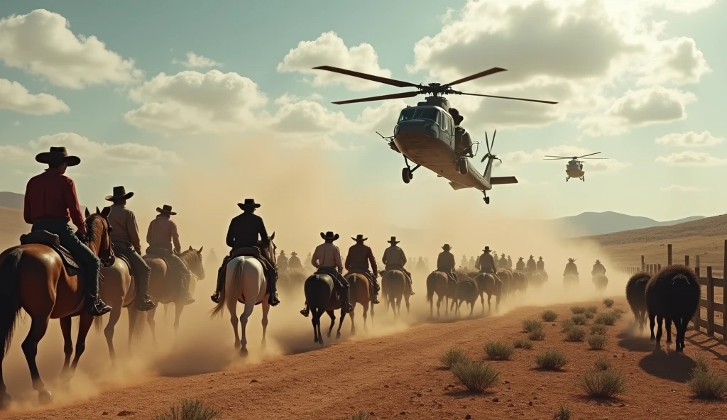 "A stunning scene in a barren Wild West landscape, where a large group of wild boar hunters riding horses and wearing cowboy hats are driving a huge herd of wild boars towards a wooden fence. Black military helicopters fly overhead, helping to drive the animals. The atmosphere is tense, with dust raised by the hooves of horses and wild boars. Distant mountains and partly cloudy sky in the background. The action is intense and full of movement, capturing the coordinated effort between the cowboys and the helicopters."