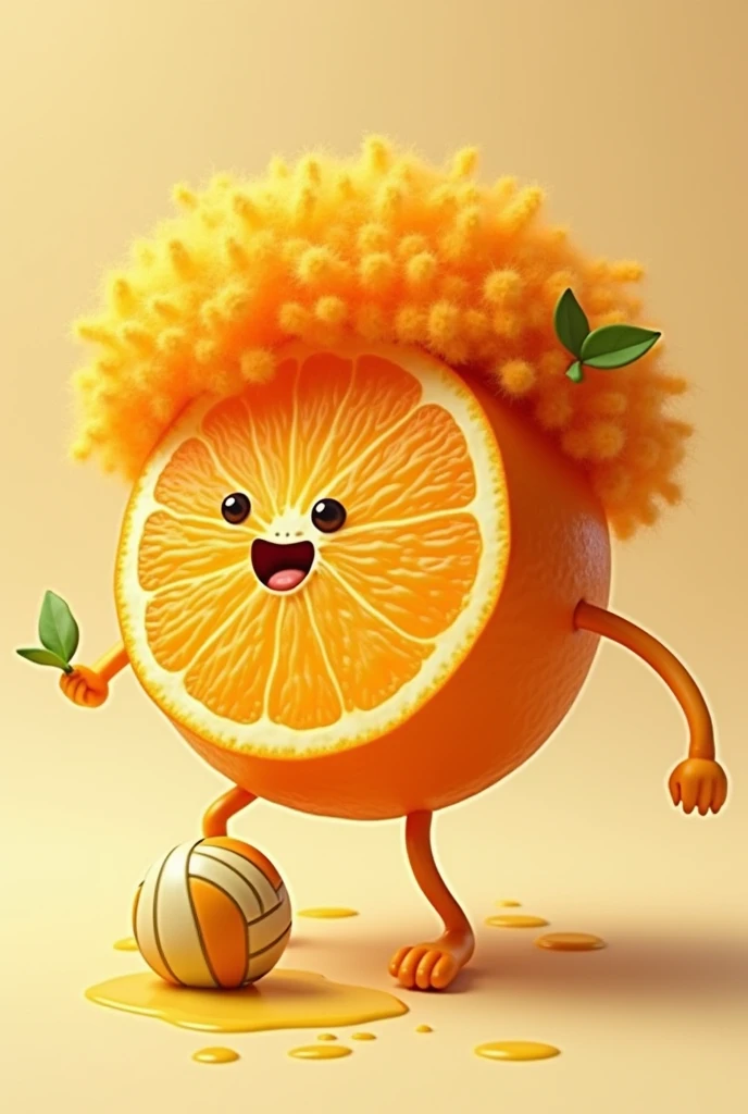 A fruit that is half an orange that has curly hair that has Caesar juice as a title in the image for an icon with a volleyball 
