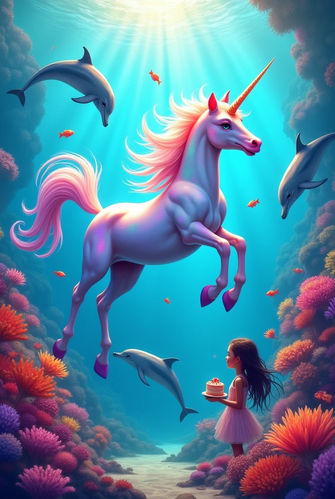 Colorful unicorn in the sea with dolphins with more corals and charlotte with a cake