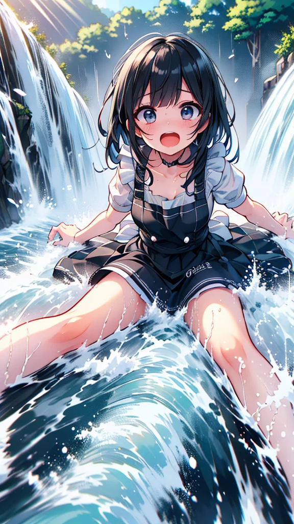 (8k, Highest quality, masterpiece: 1.2),Ultra-high resolution, 1 person, solo,Highly detailed face, Apron dress, Black Dress, White apron, black and white maid outfit, Random Hairstyles, Gay Hair, Canoeing, lake、sunlight, clavicle, Ecstatic expression, splash, Overall image, Flooding, Wet