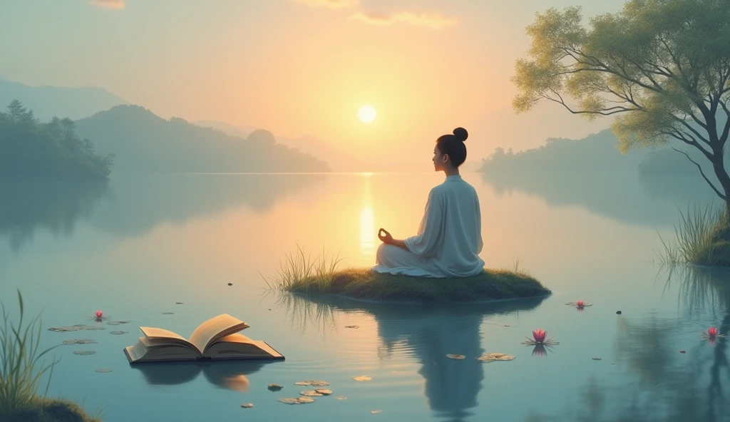 An Asian person sitting in meditation on a small island in the middle of a calm lake, with the sun rising on the horizon. A book of Asian legends lies open beside her., reflecting the calm of the water.